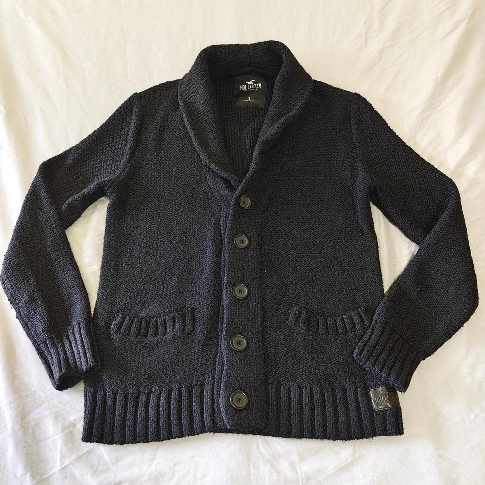 Hollister Men Navy Chunky Ribbed Knit Shawl Collar Cardigan Sweater S